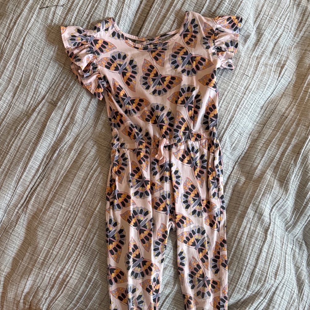 Tea Collection Floral Ruffle Jumpsuit - Pink and Blue